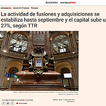 La actividad de fusiones y adquisiciones se estabiliza hasta septiembre y el capital sube un 27%, segn TTR